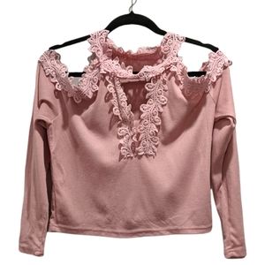 Lace Cold-Shoulder Front Keyhole Long Sleeve Shirt